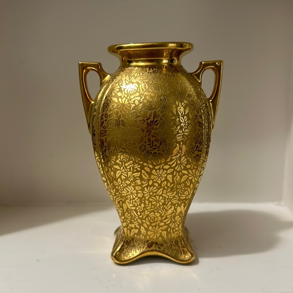 Striking porcelain with gold enamel urn style vase. Antique Wheeling Glass.